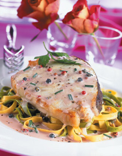 Recipe for Halibut Steaks with Champagne and Peppercorn Sauce